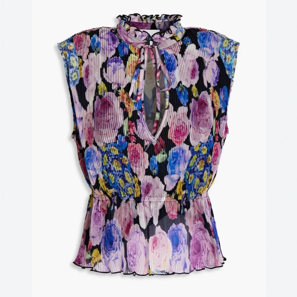 Ganni Floral Sleeveless Ruffled Neck Top in Black, Pink, Purple - Picture 8 of 12